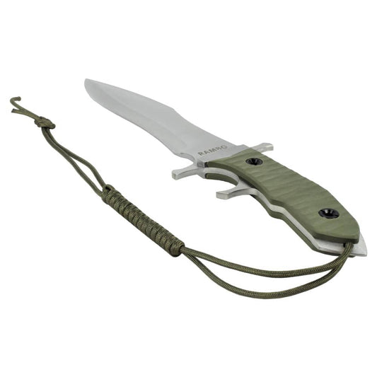 Cuchillo de caza réplica del de la película Rambo V con hoja de acero inoxidable y mango verde. Vendido por Espadas y más
